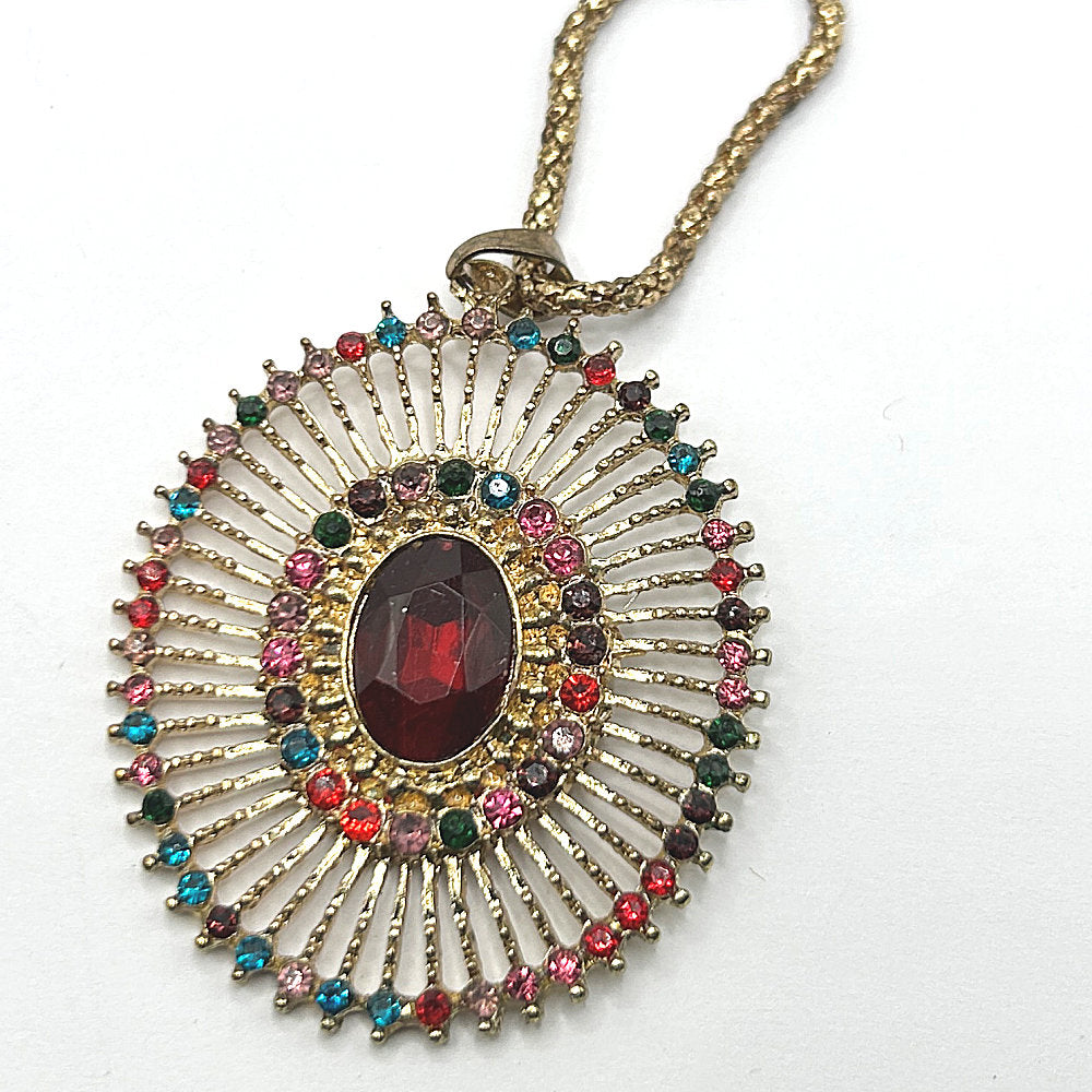 Brassy Oval Pendant Necklace with Multicolor Rhinestones
