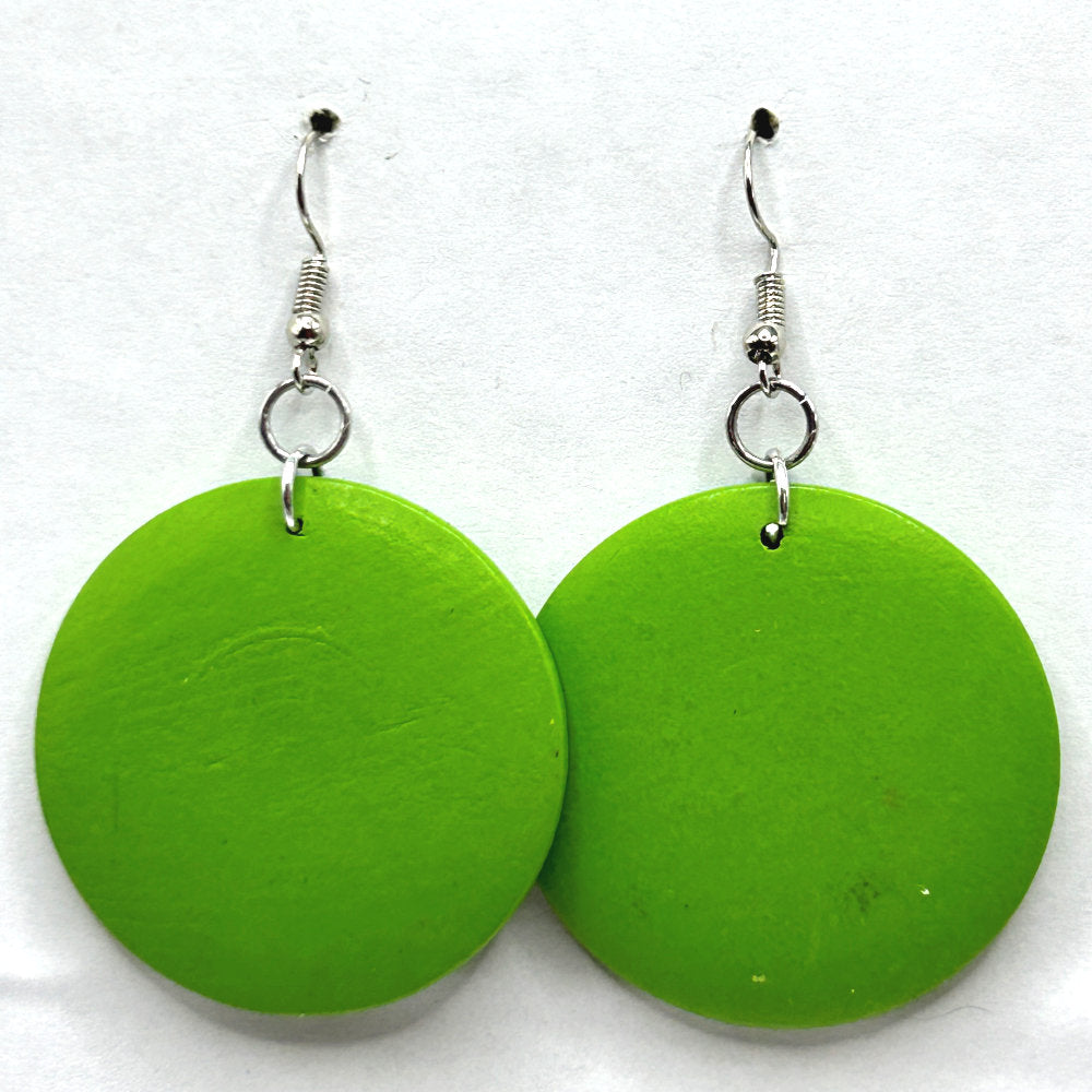 Green Painted Wood Disc Earrings