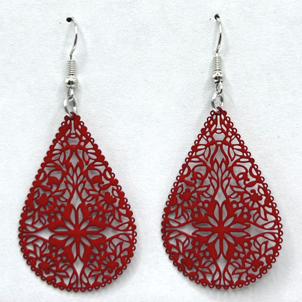 Red Teardrop Filigree Earrings