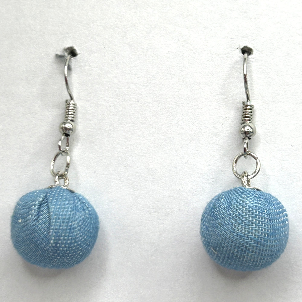 Light Denim Fabric-Wrapped Ball Earrings