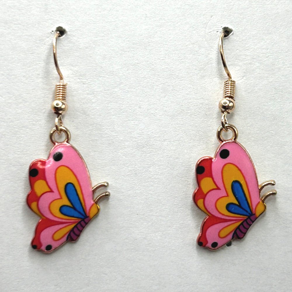 Multicolor-Pink Enamel Butterfly Earrings
