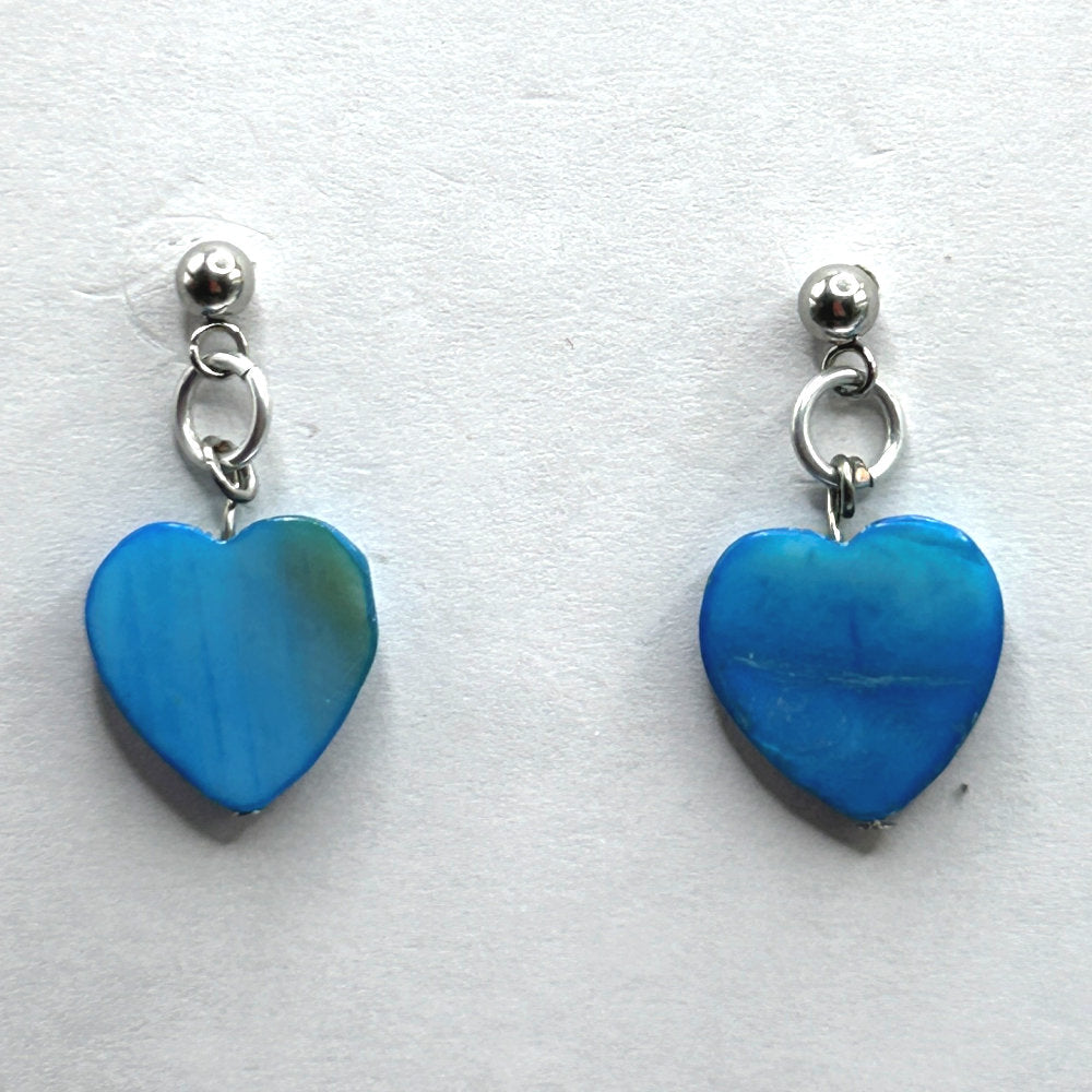 Small Blue Mother-of-Pearl Heart Earrings (Post)
