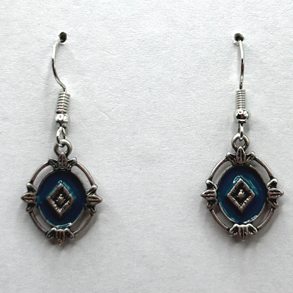 Ornate Blue Oval Drop Earrings