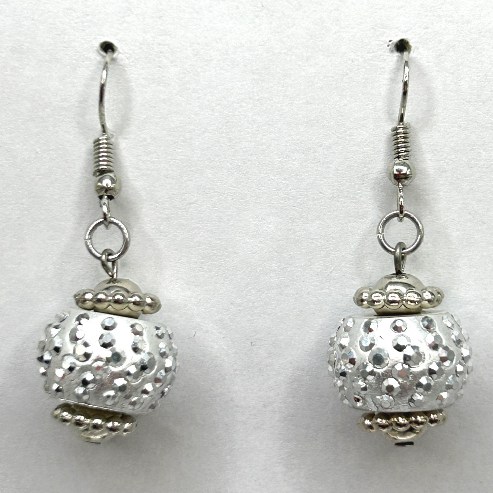 White Ball Earrings with Silvery Accents