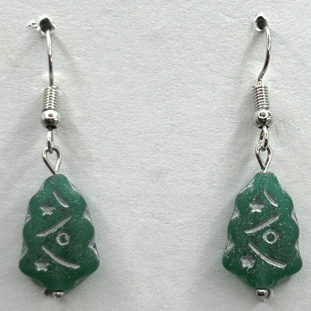 Green Czech Glass Christmas Tree Earrings