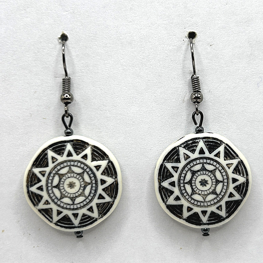 White Medallion with Sun Motif Earrings