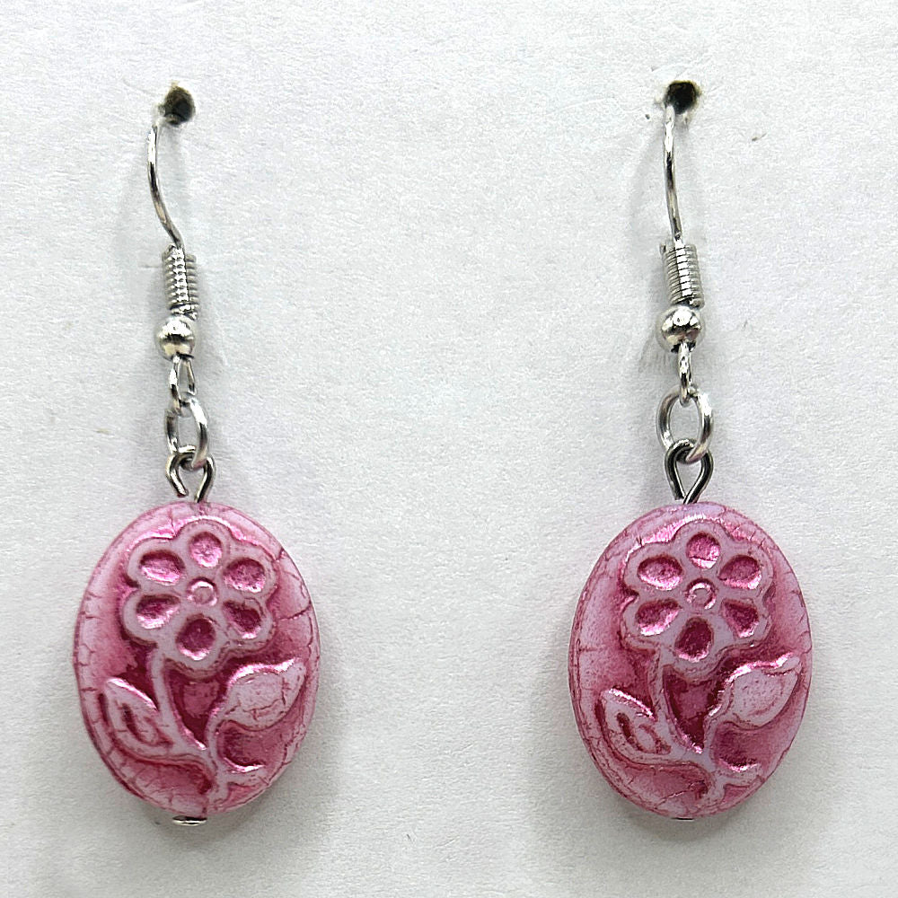 Pink Rose Oval Medallion Earrings