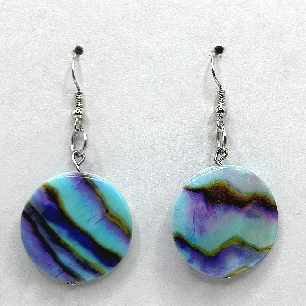 Round Lined Faux Abalone Disc Earrings