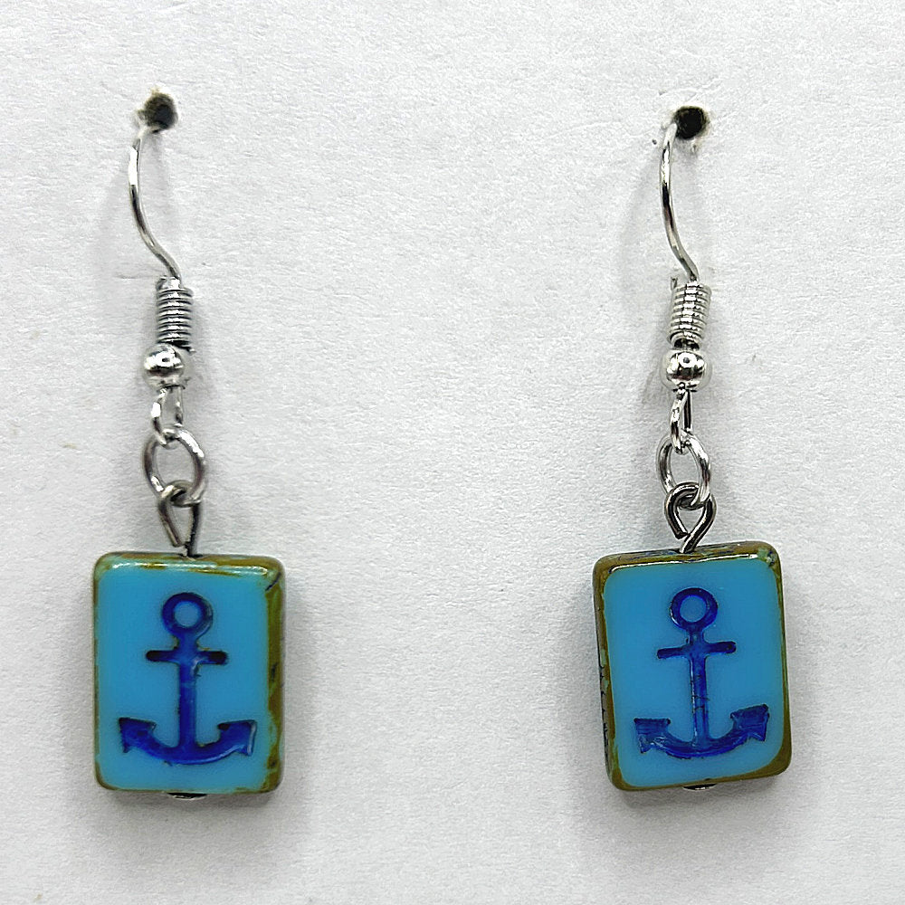 Blue Czech Glass Anchor Earrings