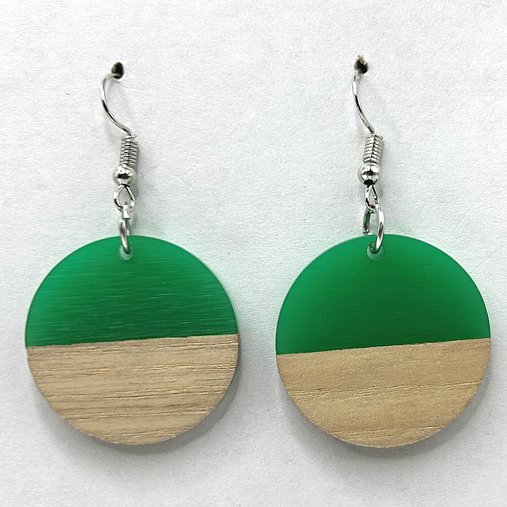 Green Resin and Wood Round Disc Earrings