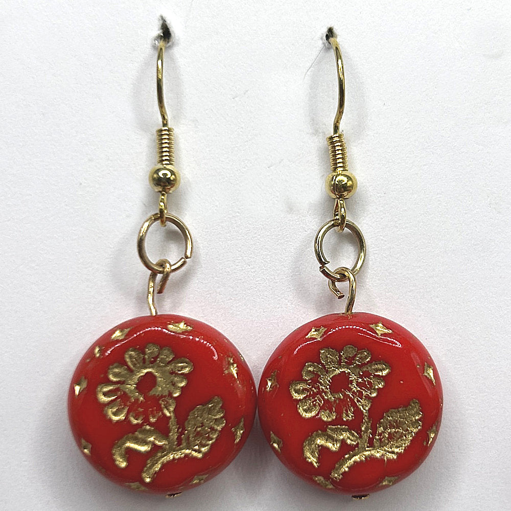 Red Czech Glass Disc Earrings with Golden Flower Motif