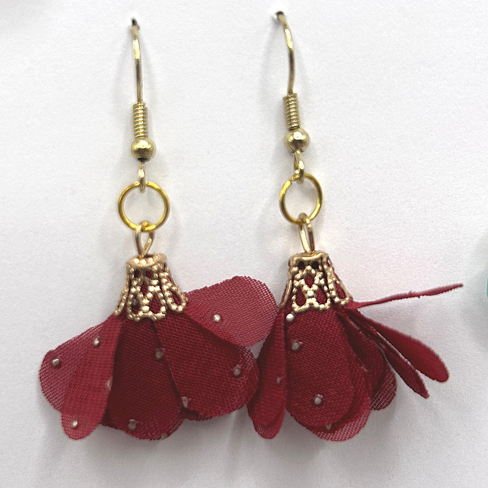 Red Tulle Tassel Earrings with Golden Accents
