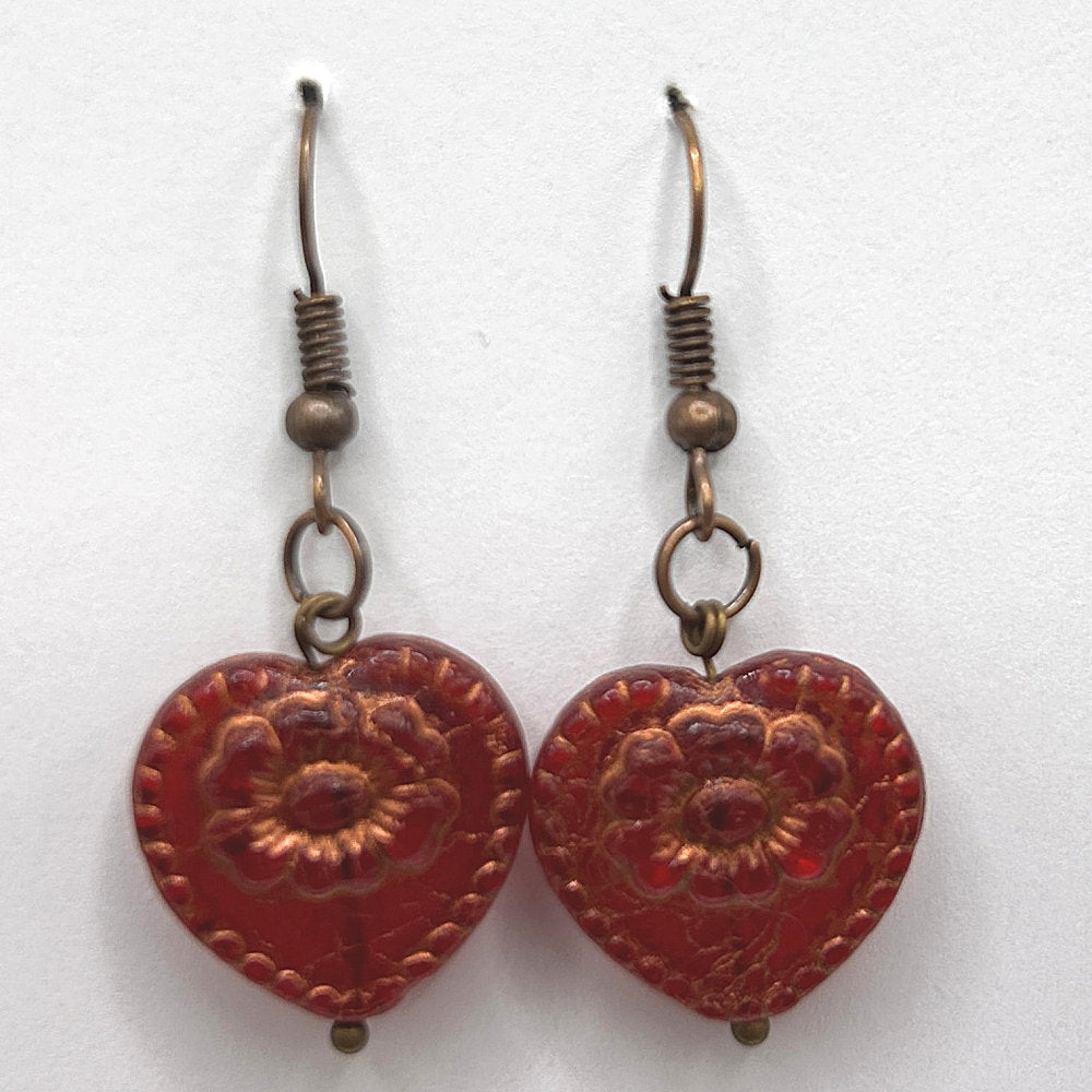 Ornate Red Czech Glass Heart Earrings