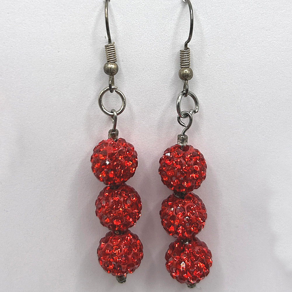 Triple Red Glitter Ball Earrings