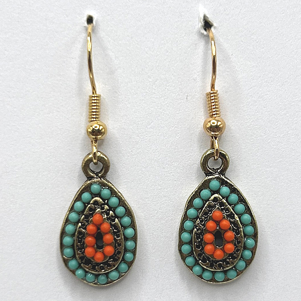 Green and Orange Beaded Teardrop Earrings