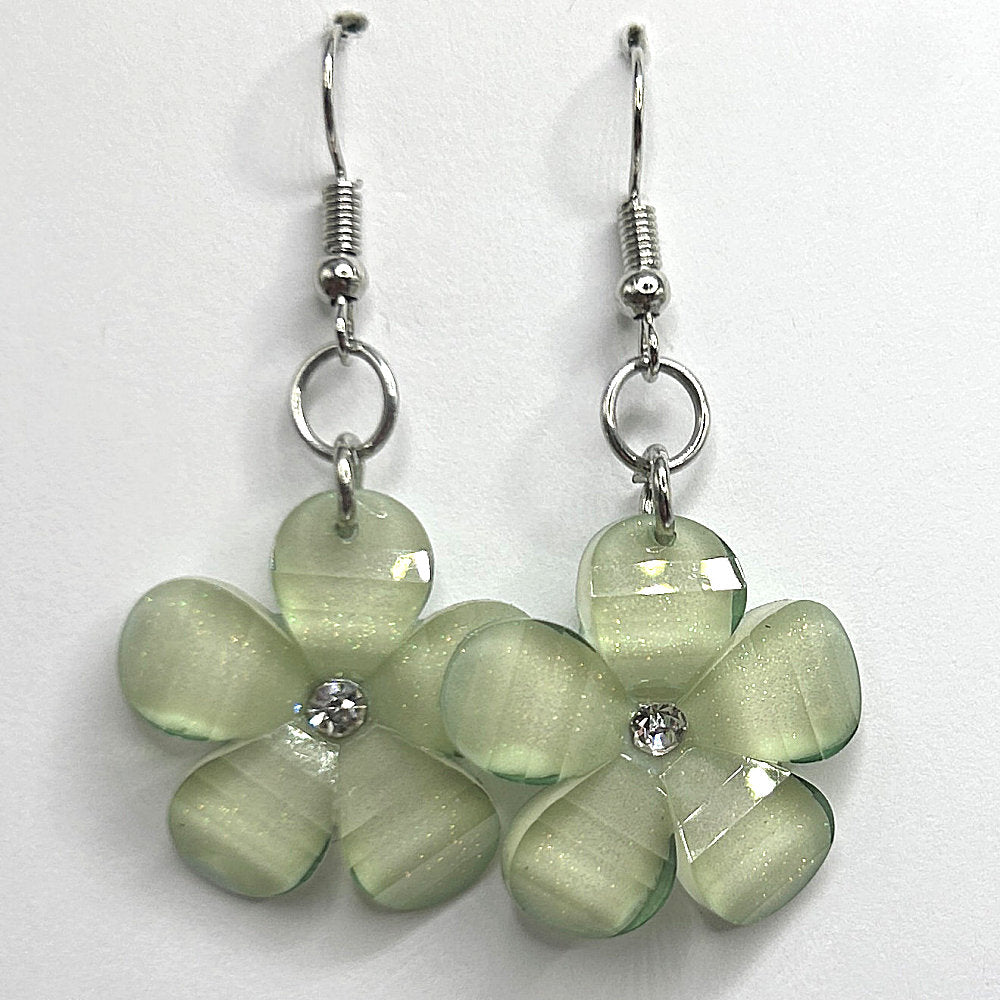 Green Sparkle Flower Earrings with Rhinestone Accent