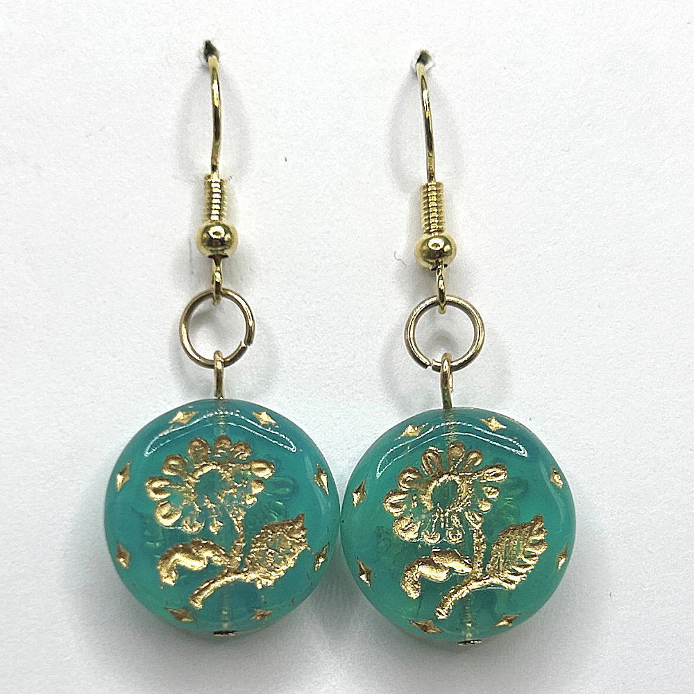 Green Czech Glass Disc Earrings with Golden Floral Motif