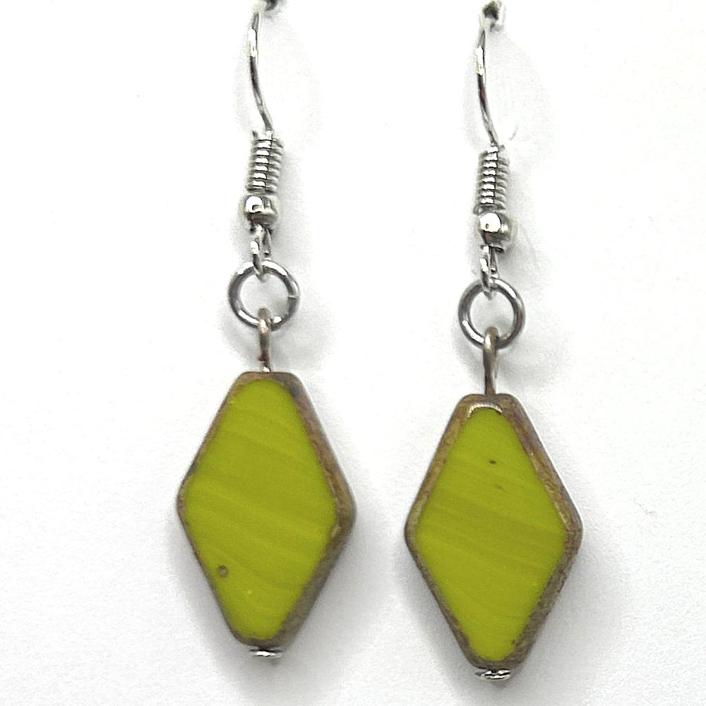 Diamond-Shaped Czech Glass Pea Green Earrings