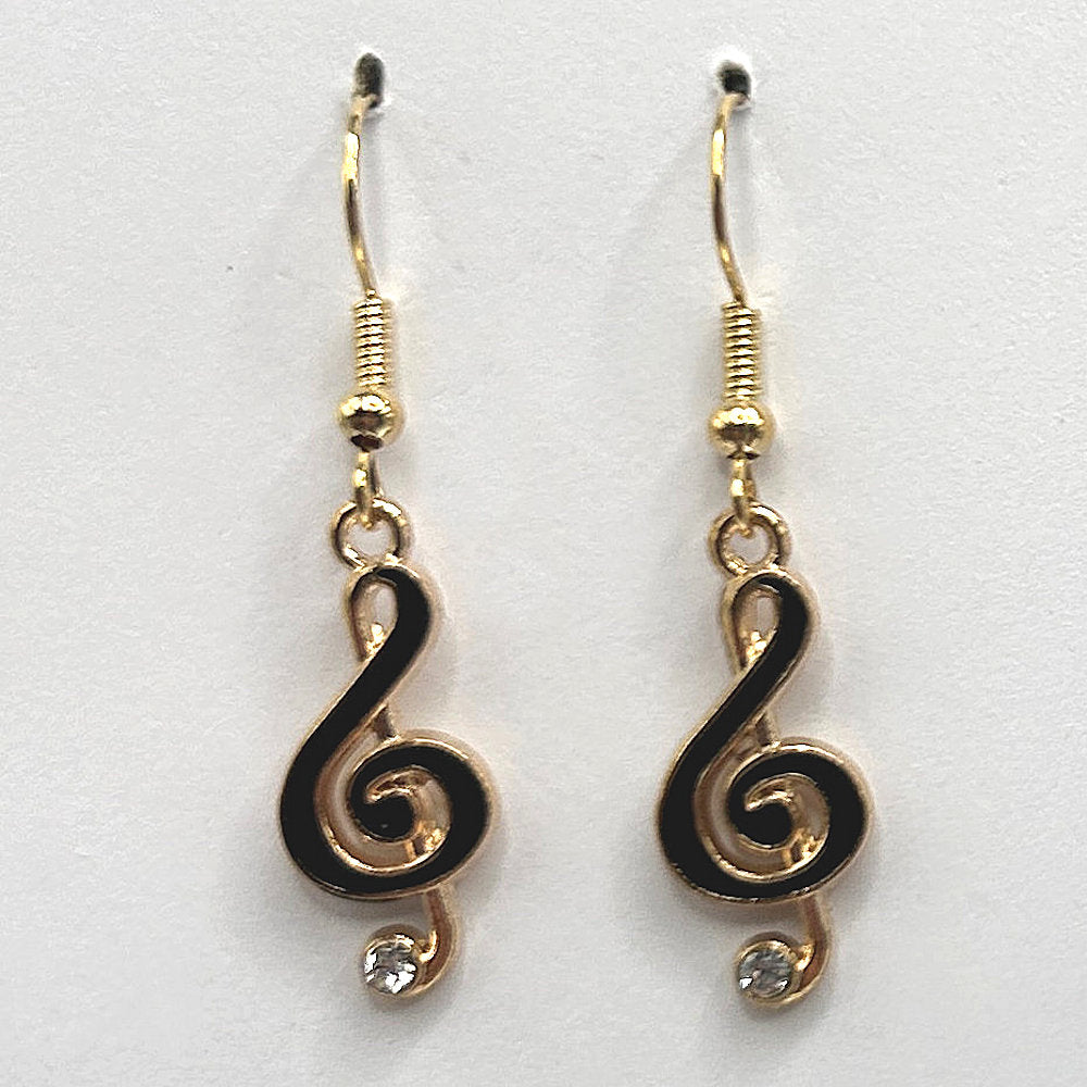 Black Enamel Treble Clef Earrings with Rhinestone