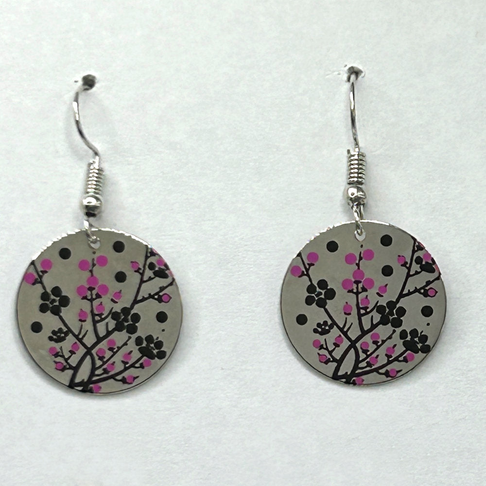 Mirror Disc Earrings with Cherry Blossom Design