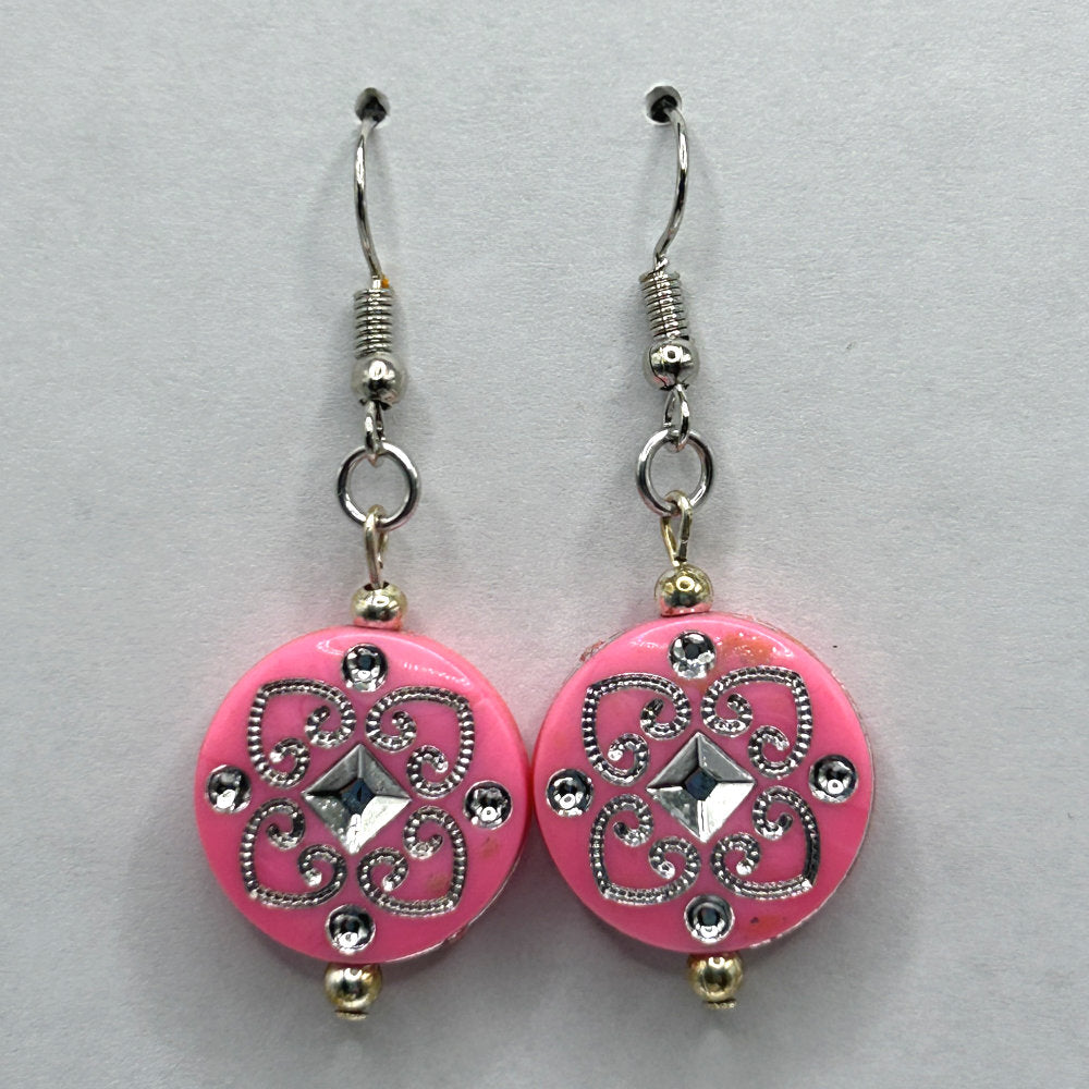 Ornate Round Earrings with Silvery Heart Motif