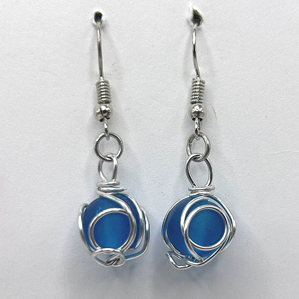 Bright Blue Silver-Wire Wrapped Earrings