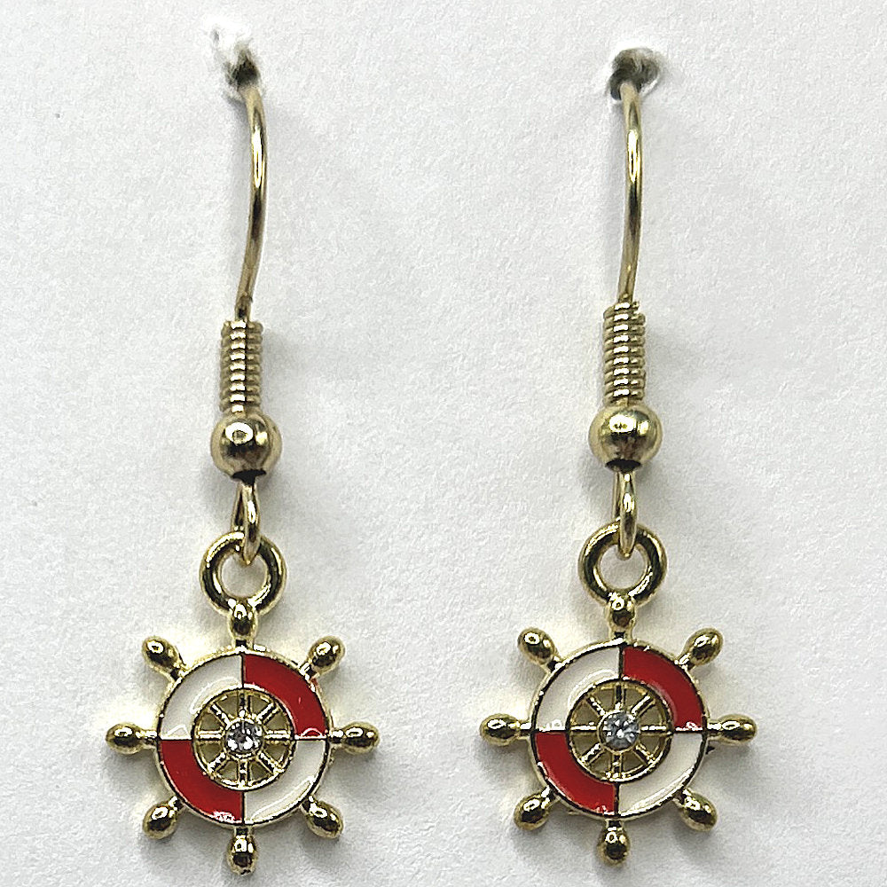 Tiny Enamel Ship Wheel Earrings - Red