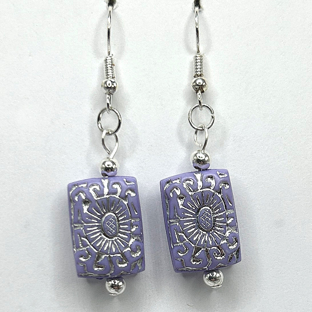 Purple Rectangle Earrings with Silver Washed Flower Motif