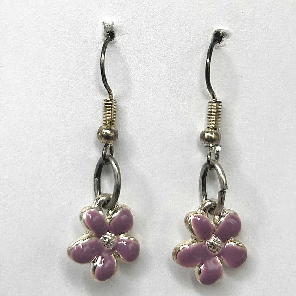 Small Purple Enamel Flower Earrings with Simple Center