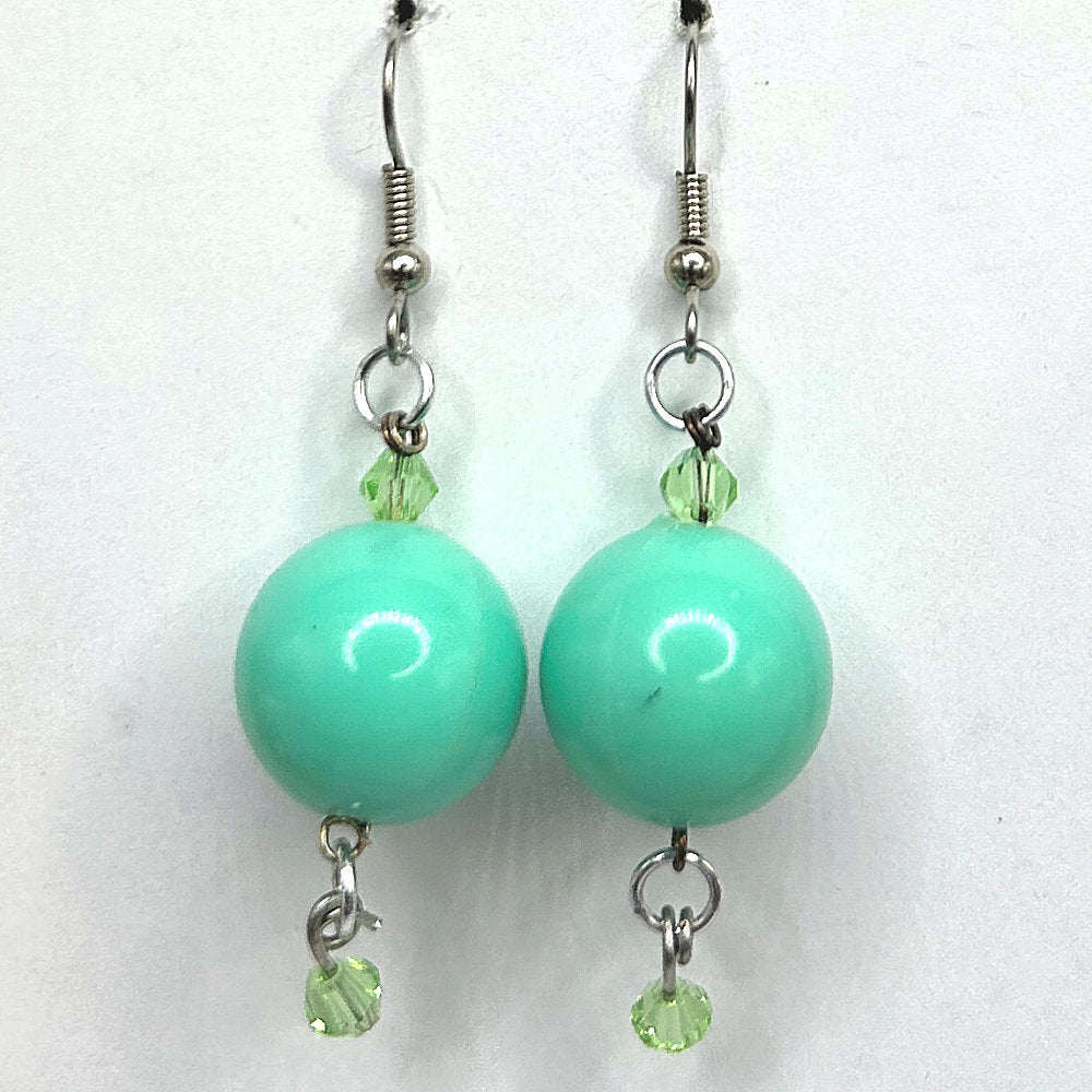 Teal Ball Earrings with Green Dangle