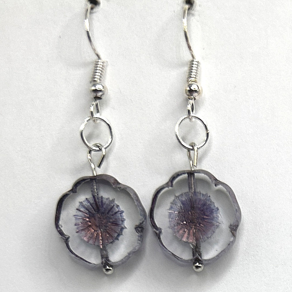 Clear Purple Flower Earrings with Etched Center
