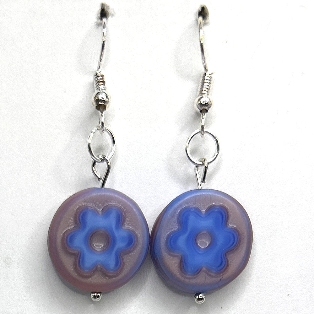 Purple Disc Earrings with Blue Flower