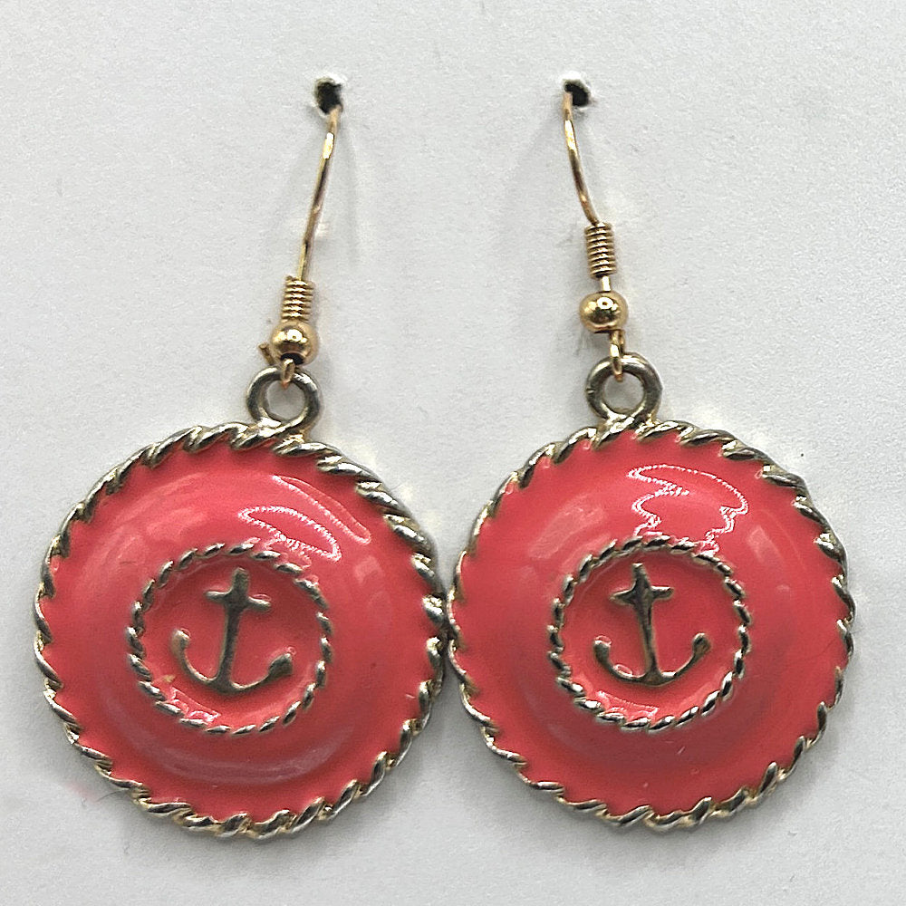 Pink Enamel Anchor Earrings (Heavy)