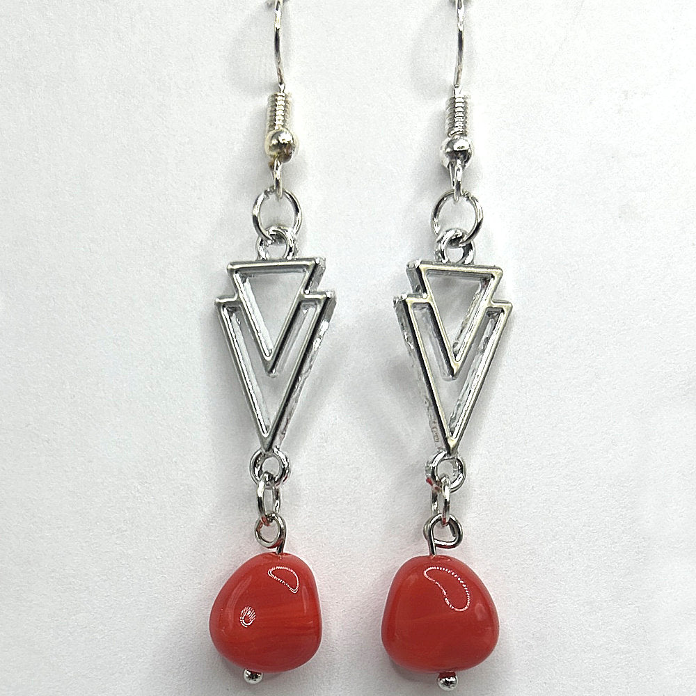 Double Triangle Earrings with Red Drops