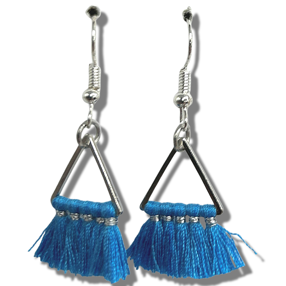 Blue Triangle Thread Tassel Earrings
