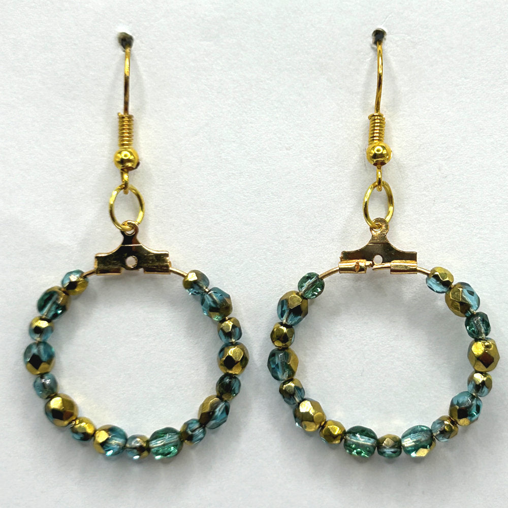 Blue and Gold Czech Glass Small Loop Earrings