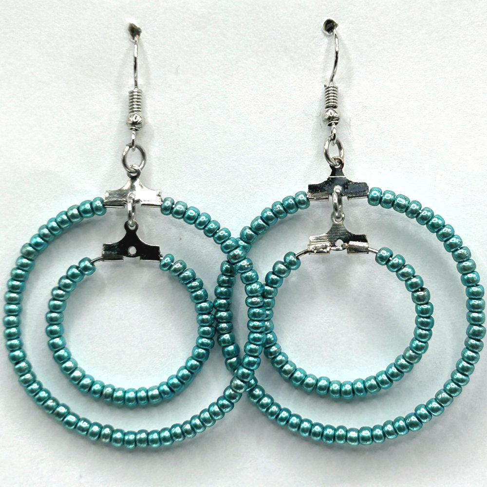 Double Loop Earrings with Tiny Blue Faux Pearls