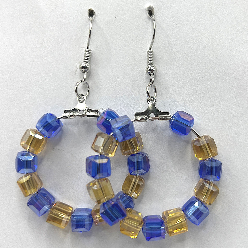 Medium Blue and Yellow Square Bead Loop Earrings