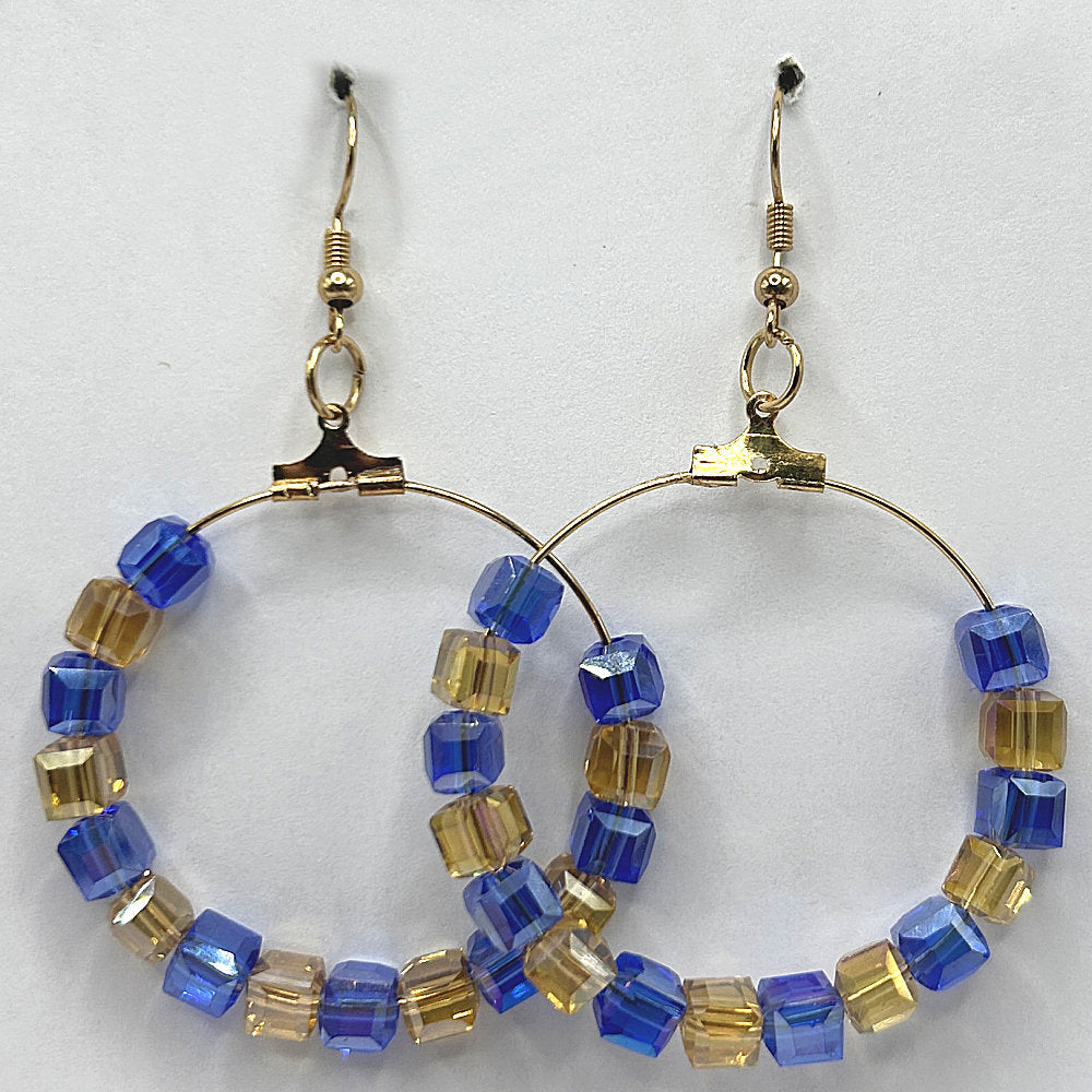 Large Blue and Yellow Square Bead Loop Earrings