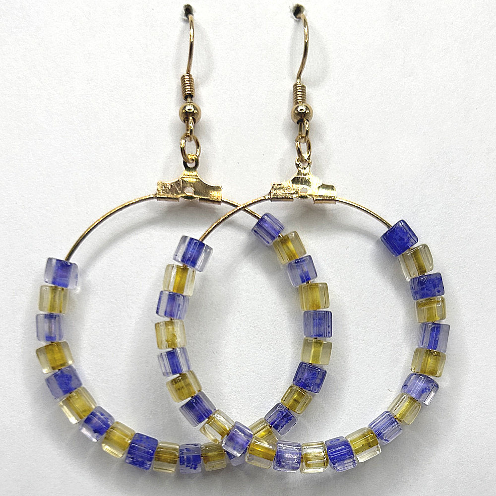 Large Loop Earrings with Matte Blue and Yellow Square Beads