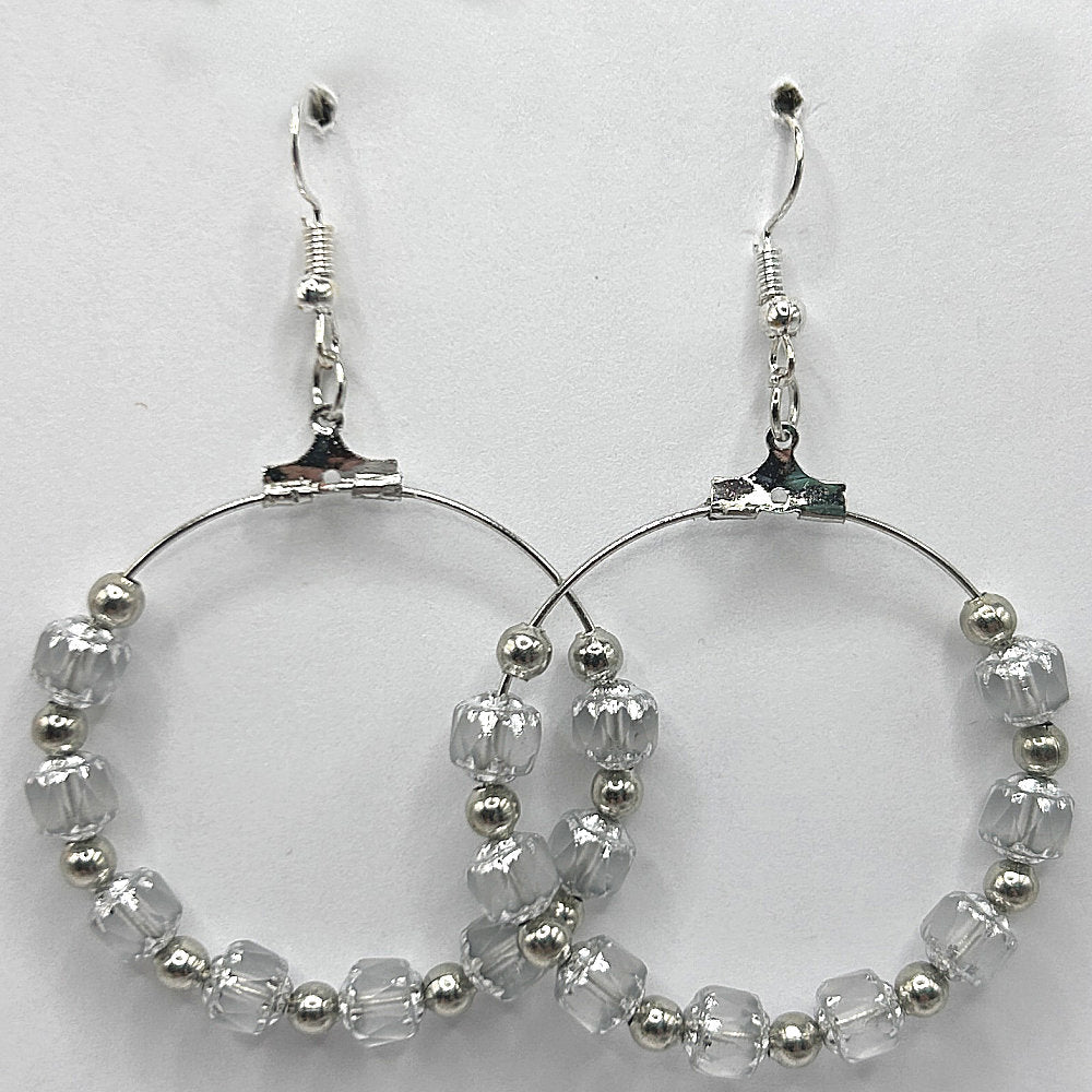 Large Loop Earrings with Clear Cathedral Beads and Silvery Accents