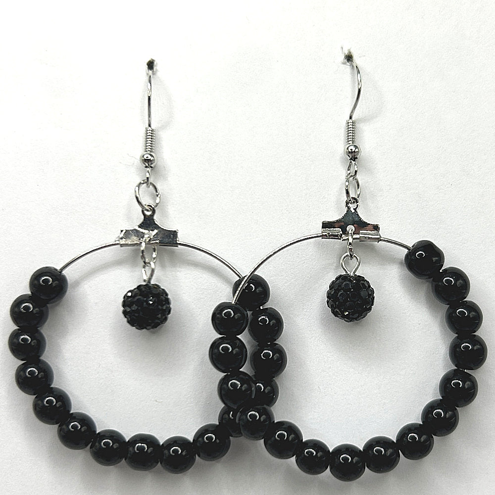 Large Loop Earrings with Black Beads and Sparkling Black Dangle