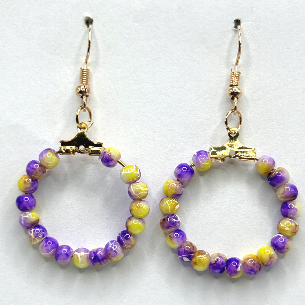 Small Loop Earrings with Purple and Yellow Swirled Beads