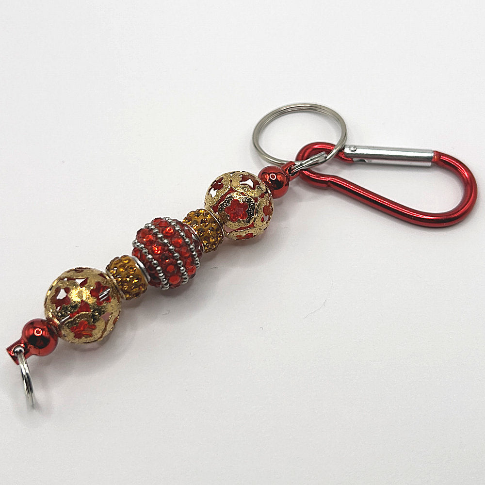 Keyring with Red and Gold Beads with Orange Accents