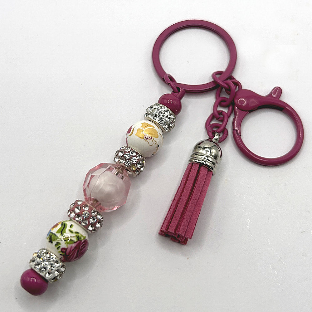 Keyring with Pink Floral Beads