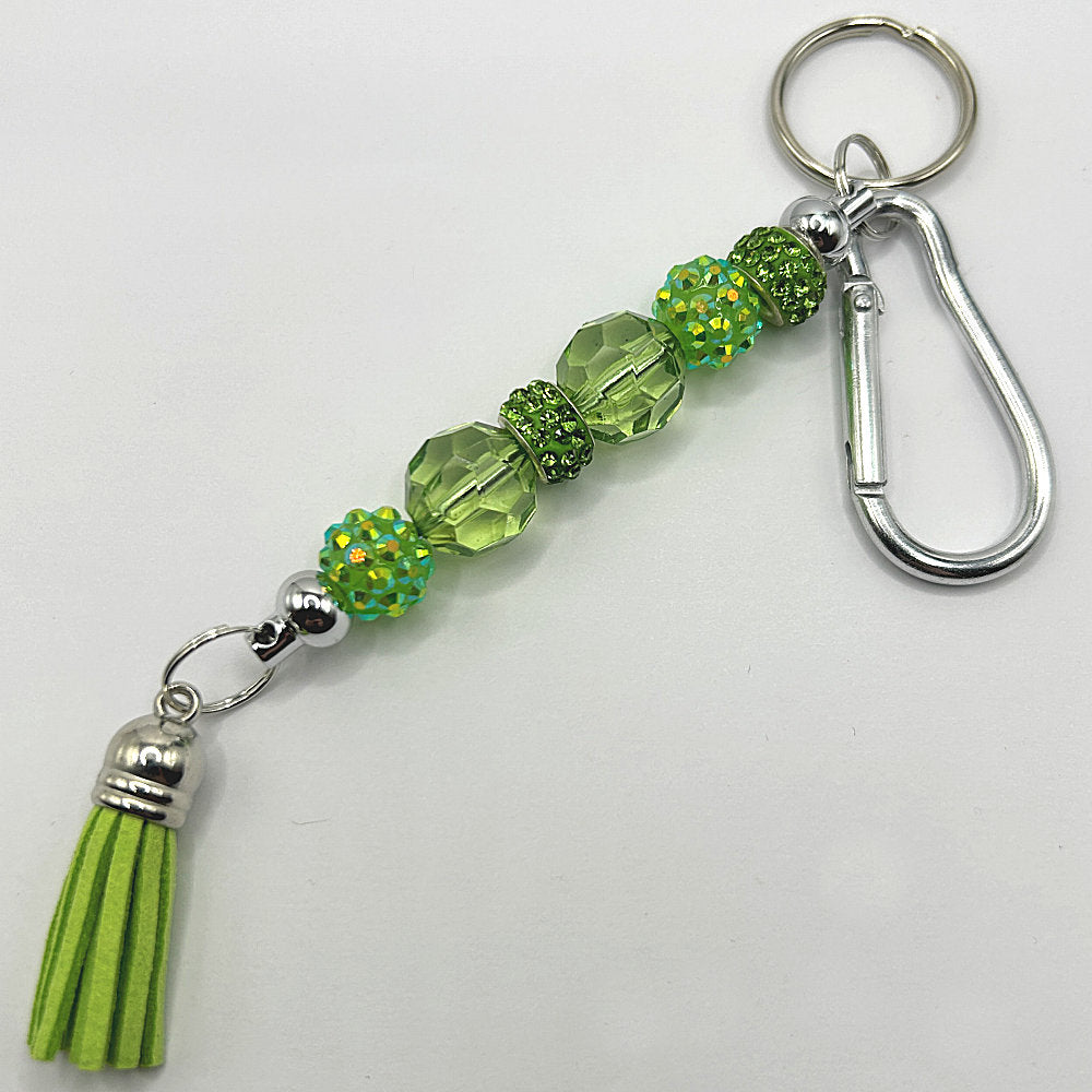 Keyring with Green Sparkles and Clear Glass Beads