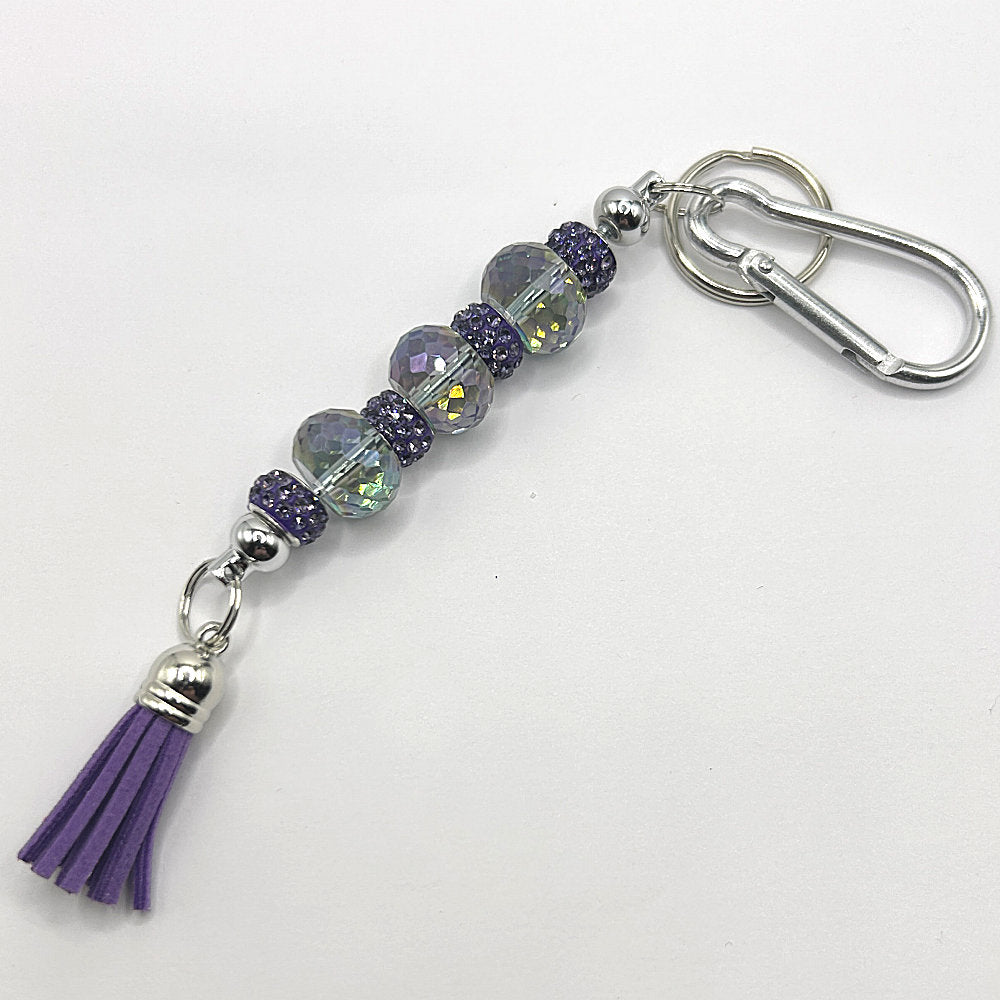 Keyring with Clear Purple Beads and Rhinestones