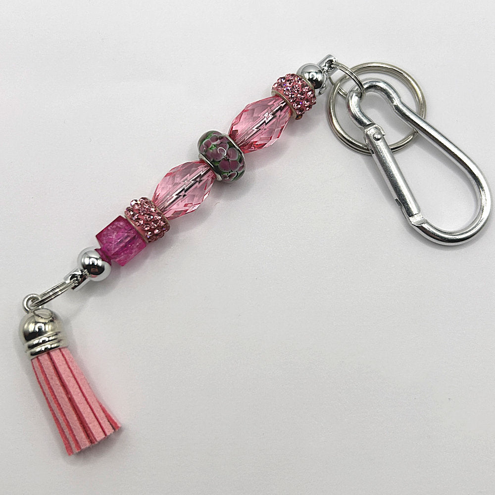 Keyring with Pink Floral Bead and Sparkly Accents