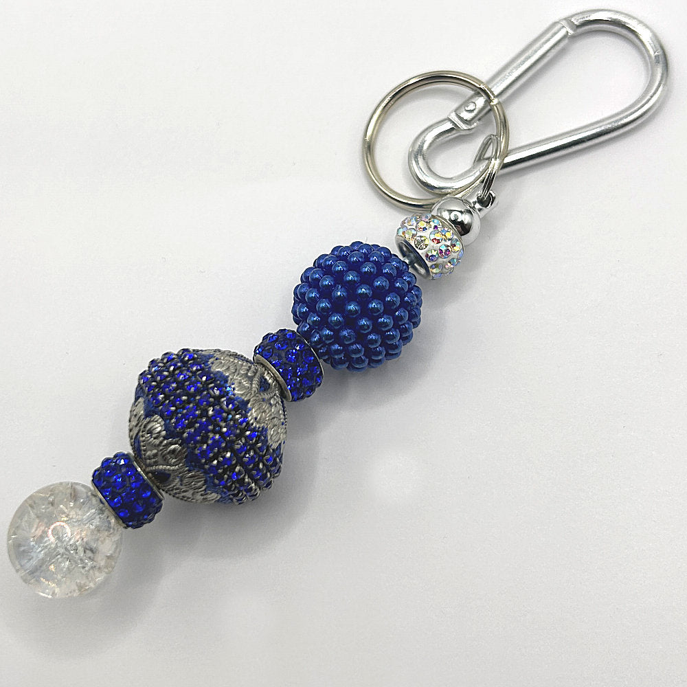Keyring with Large Ornate Blue Bead, Rhinestones, and Clear Accents