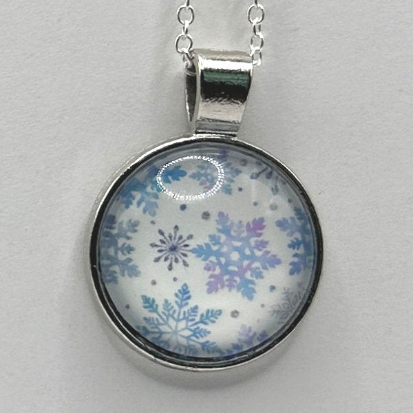 Glass Cabochon Pendant Necklace - Snowflakes